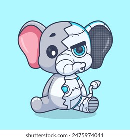 Cute Elephant Robot Cyborg Cartoon Vector Icon Illustration. Animal Technology Icon Concept Isolated Premium Vector. Flat Cartoon Style