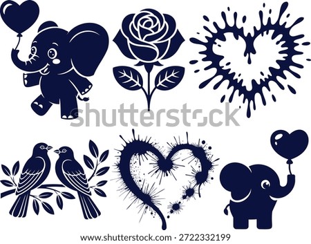 Cute Elephant, Rose, Birds, and Splatter Hearts Silhouettes. Vector Graphic Elements for Love, Romance, and Celebration Designs. Perfect for Valentines Day, Wedding, and Baby Shower Crafts.