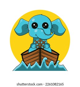 Cute elephant sailing a boat illustration. Elephant vector illustration. 