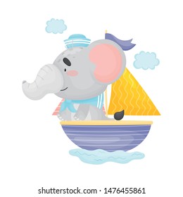 Cute elephant sailing in a boat with a sail. Vector illustration on white background.