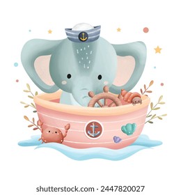 Cute Elephant the Sailor in Little Boat