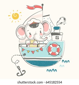 Cute elephant sailor on the ship cartoon hand drawn vector illustration. Can be used for t-shirt print, kids wear fashion design, baby shower invitation card.