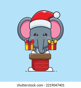 Cute elephant with santa hat in the chimney. Cute christmas cartoon illustration. 