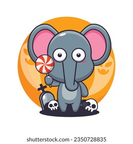 Cute elephant scared by ghost in halloween day.