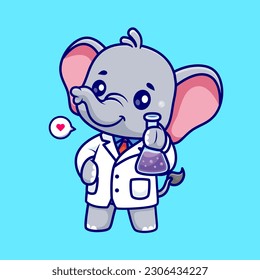 Cute Elephant Scientist Holding Lab Tube Cartoon Vector Icon Illustration. Animal Science Icon Concept Isolated Premium Vector. Flat Cartoon Style