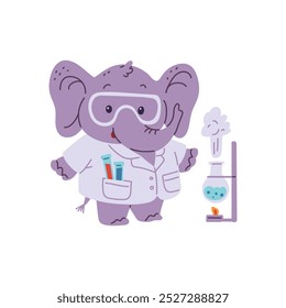 Cientista bonito do elefante com tubos de laboratório de produtos químicos, fazendo experimentos de laboratório aquecendo o produto químico. Vetor cartoon médico animal em óculos de proteção e cientista de laboratório de casaco branco