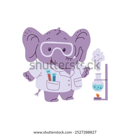 Cute elephant scientist with lab tubes of chemicals, making laboratory experiments by heating the chemical. Vector cartoon animal doctor in protective glasses and white coat laboratory scientist