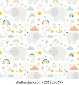 Cute elefante patrón sin fisuras para decoración de ducha de bebé, estampado infantil, ropa infantil, papel de envoltura, tela y textiles.  Patrón sin foco con elefantes lindos, nubes y flores sobre fondo blanco. 