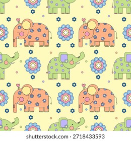 Cute Elephant Seamless Pattern with Floral Decoration – Pastel Kids Background