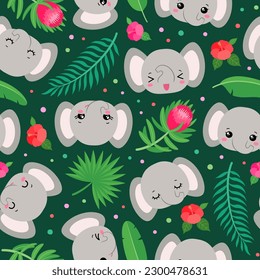 Cute elephant seamless pattern. Kawaii elephant face chibi style. Cartoon safari animal head. Palm leaves. Tropical flowers. Summer repeat design for children fashion print, textile fabric, paper.