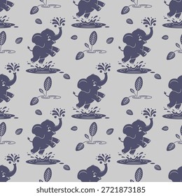 Patrón inconsútil lindo del elefante con los elefantes juguetones que salpican el agua, modelo inconsútil lindo adorable del elefante para la tela y el Fondo de pantalla de los niños, Ilustración vectorial inconsútil del patrón del elefante