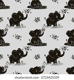 Patrón inconsútil lindo del elefante con los elefantes juguetones que salpican el agua, modelo inconsútil lindo adorable del elefante para la tela y el Fondo de pantalla de los niños, Ilustración vectorial inconsútil del patrón del elefante