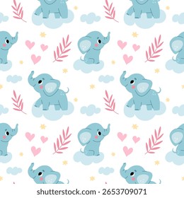 Cute elephant seamless pattern. Repeated little animals, baby funny cartoon characters, nursery room delicate lovely prints. Baby textile, wrapping paper, wallpaper. Garish vector background