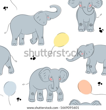 Cute elephant seamless pattern whith birthday balloons. Grey elephant illustration. Huge elephants. Animals for kids 