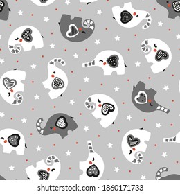 Cute Elephant Seamless Vector Pattern. Little Baby Elephant and Stars. Doodle Cartoon Animals Background for Kids. Children's Wallpaper