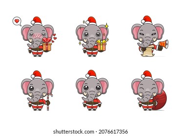 cute elephant set, animal character bundles in santa costumes, animals wearing christmas costumes. cartoon in kawaii style, chibi mascot. very suitable for Christmas content. for adult or child