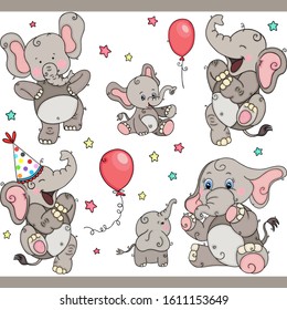 Cute elephant set digital elements for design
