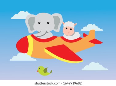 cute elephant and sheep ride plane