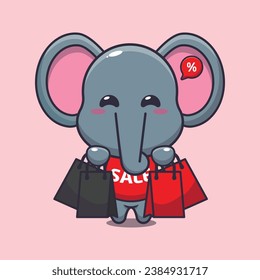 cute elephant with shopping bag in black friday sale cartoon vector illustration