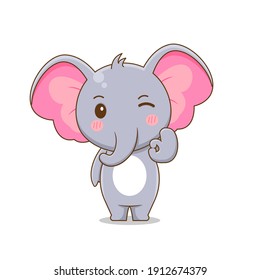 Cute elephant with sign finger. Vector illustration of chibi character isolated on white background.