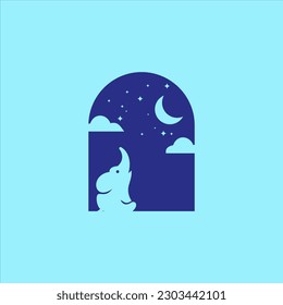 cute elephant sit down with sky and moon background negative space logo icon designs vector illustration sign silhouette