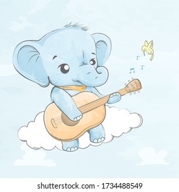 Cute elephant sit on the cloud and play a guitar cartoon hand drawn vecter illustration. Use for Happy birthday invitation card, T-shirt print, baby shower.
