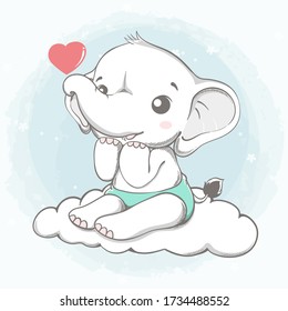 Cute elephant sit on the cloud with red heart cartoon hand drawn vecter illustration. Use for Happy birthday invitation card, T-shirt print, baby shower.