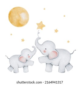 Cute elephant sits; watercolor hand drawn illustration; with white isolated background