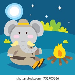 Cute elephant sitting beside a bonfire in the forest. Cute animal series for kid. Cute and funny animal t shirt design for kid.