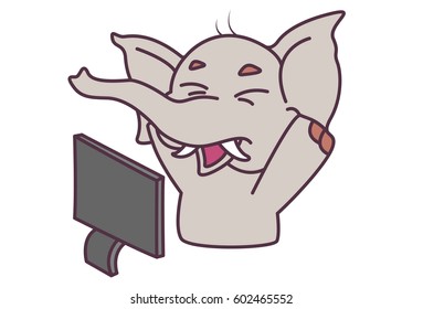 Cute Elephant sitting in front of the computer and yawning. Vector illustration. Isolated on white background.