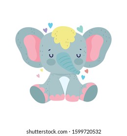 Cute elephant sitting with hearts. Cartoon vector illustration for baby shower.