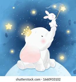 Cute elephant sitting in the moon with little bunny