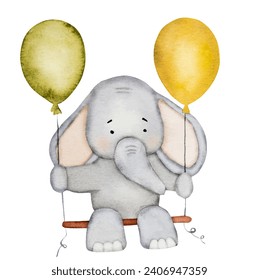 Cute elephant sitting on bench with air balloons watercolor painting for baby child postcard. Cartoon animal with trunk aquarelle drawing for children