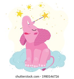 Cute elephant sitting on a cloud. Magic wand, stars. Pink baby elephant. Cute children's poster. Vector hand drawn illustration. nursery poster.