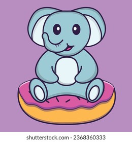 Cute elephant is sitting on donuts. Animal cartoon concept isolated. Can used for t-shirt_ greeting card_ invitation card or mascot.