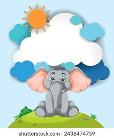 Cute elephant sitting on grass with sun and clouds