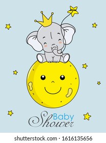 Cute elephant sitting on the moon. baby boy shower card