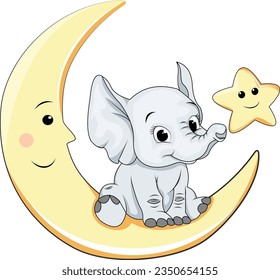 Cute elephant is sitting on cute moon and stars