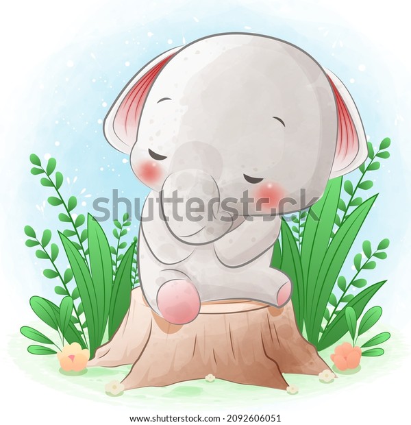 Cute\
elephant sitting on tree stump with green\
plant