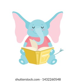 Cute Elephant Sitting and Reading Book, Funny Animal Cartoon Character Vector Illustration