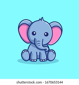 Cute Elephant Sitting Vector Icon Illustration. Elephant Mascot Cartoon Character. Animal Icon Concept White Isolated. Flat Cartoon Style Suitable for Web Landing Page, Banner, Flyer, Sticker, Card