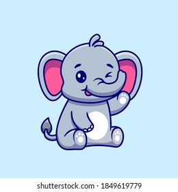 Cute Elephant Sitting And Waving Hand Cartoon Vector Icon Illustration. Animal Love Icon Concept Isolated Premium Vector. Flat Cartoon Style