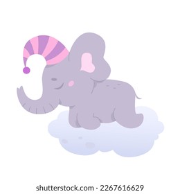 elefante lindo durmiendo en la ilustración del vector de nube. Caricatura de un pequeño animal adorable en la noche que vuela en nubes esponjosas para dormir, dulces sueños en el vivero de un adorable personaje bebé con un cofre gracioso