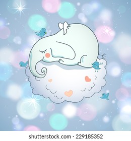 Cute elephant, sleeping on the cloud. Can be used for holiday card design.
