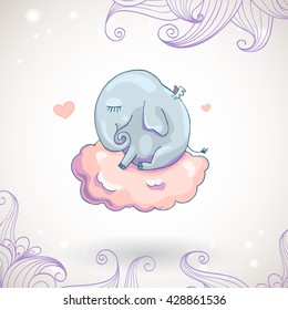 Cute elephant, sleeping on the cloud. Can be used for holiday card design.