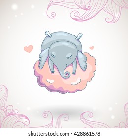 Cute elephant, sleeping on the cloud. Can be used for holiday card design.