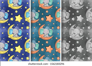 cute elephant sleeping on the moon seamless pattern. Design for party card, print, poster. Pet vector illustration.
