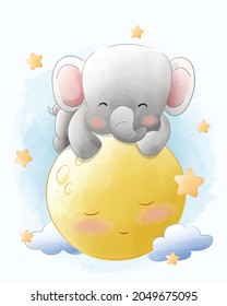 Cute elephant sleeping on the moon watercolor animals illustration Isolated on white background, for cover book, print, baby shower, nursery decorations, birthday invitations, greeting card