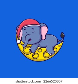 Cute Elephant Sleeping On Moon Wearing Beanie Hat Cartoon Vector Icons Illustration. Flat Cartoon Concept. Suitable for any creative project.