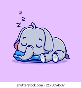 Cute Elephant Sleeping On Pillow Cartoon Vector Icon Illustration. Animal Nature Icon Concept Isolated Premium Vector. Flat Cartoon Style